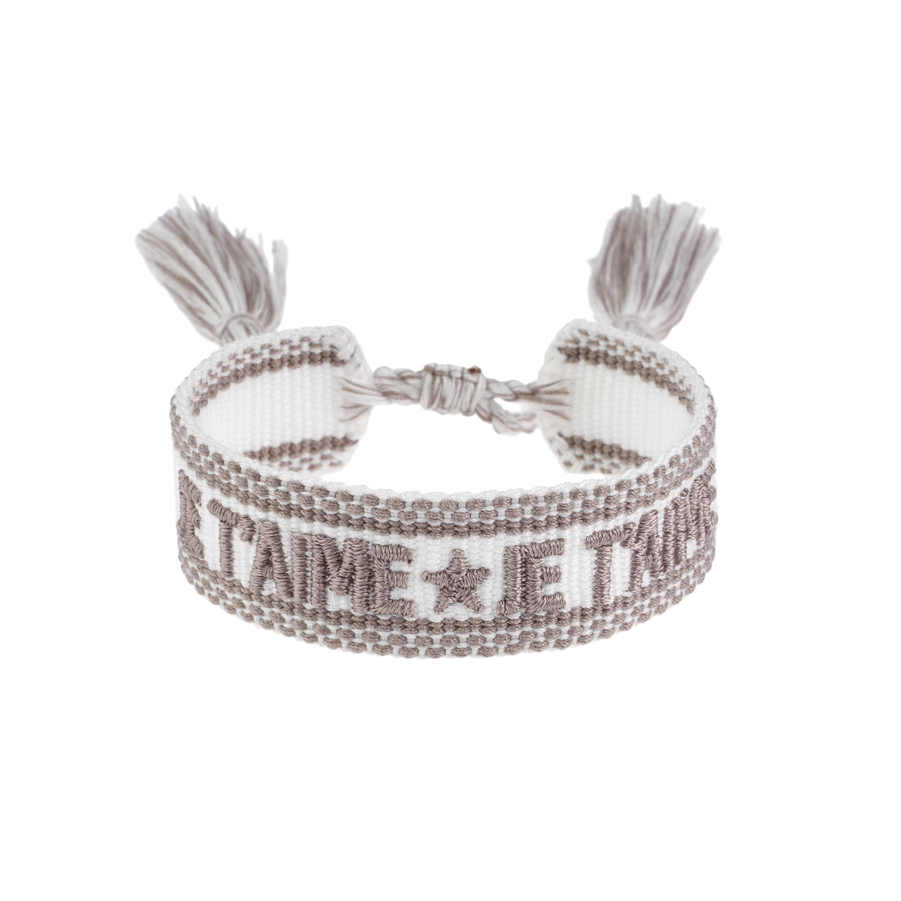 Woven Friendship Bracelet - "Je T'aime" White W/Taupe