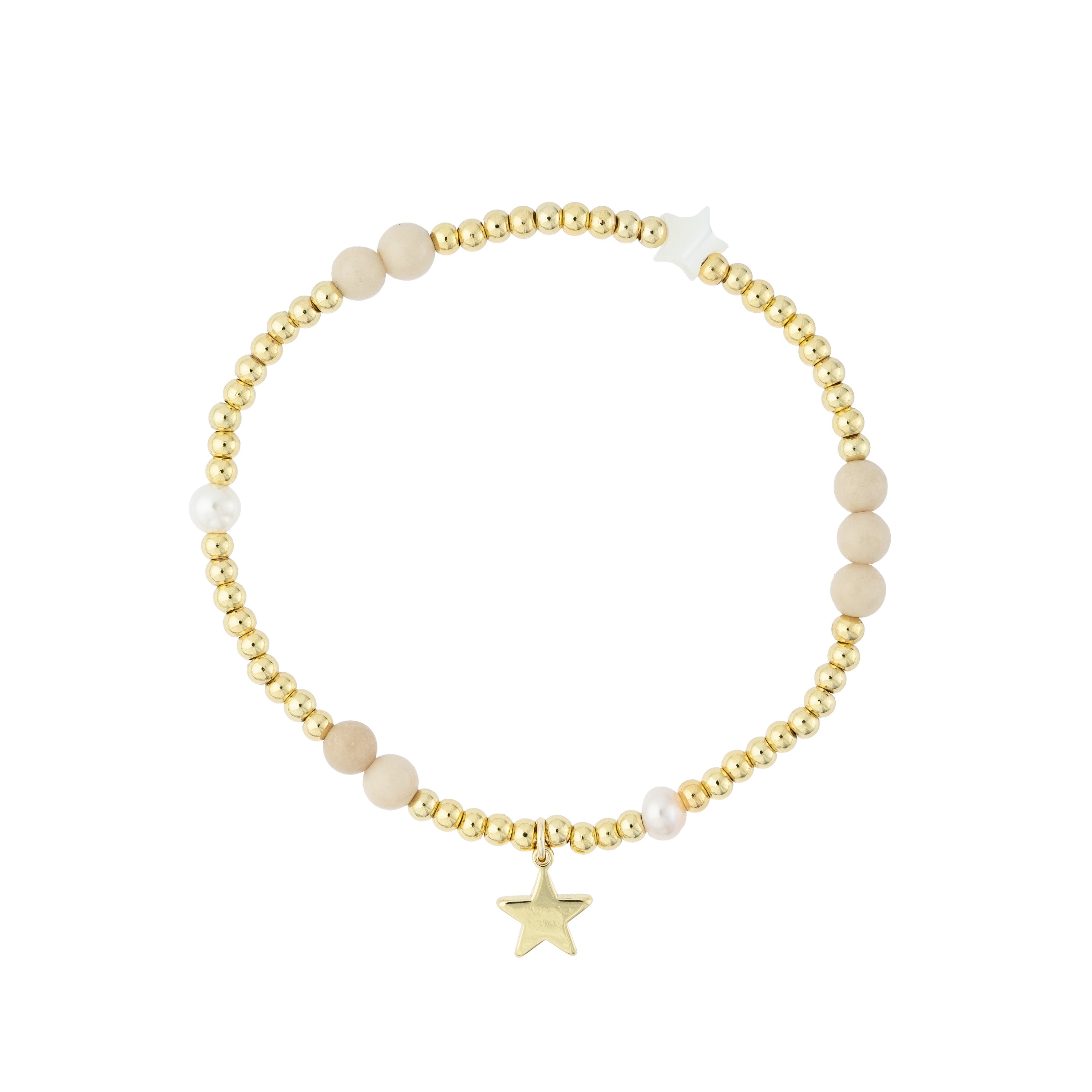 Metal Bead Bracelet W/Stone Beads & Pearls - Sand