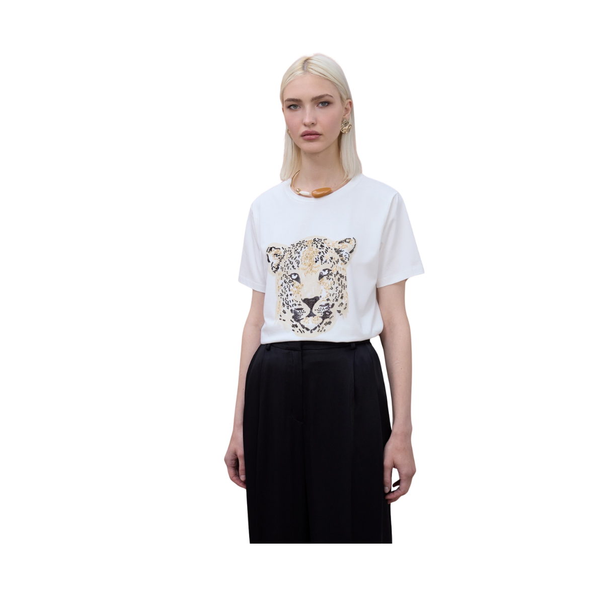 Beaded Leopard Face T-Shirt - White