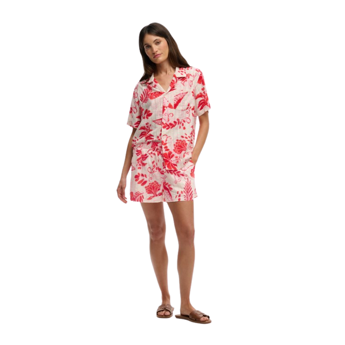Cotton Printed Beach Short - Ikat Floral Red