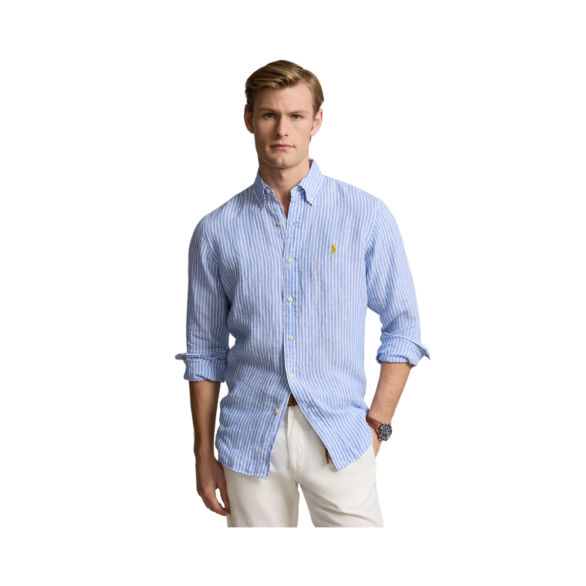 Long Sleeve Linen Shirt - Blue/White