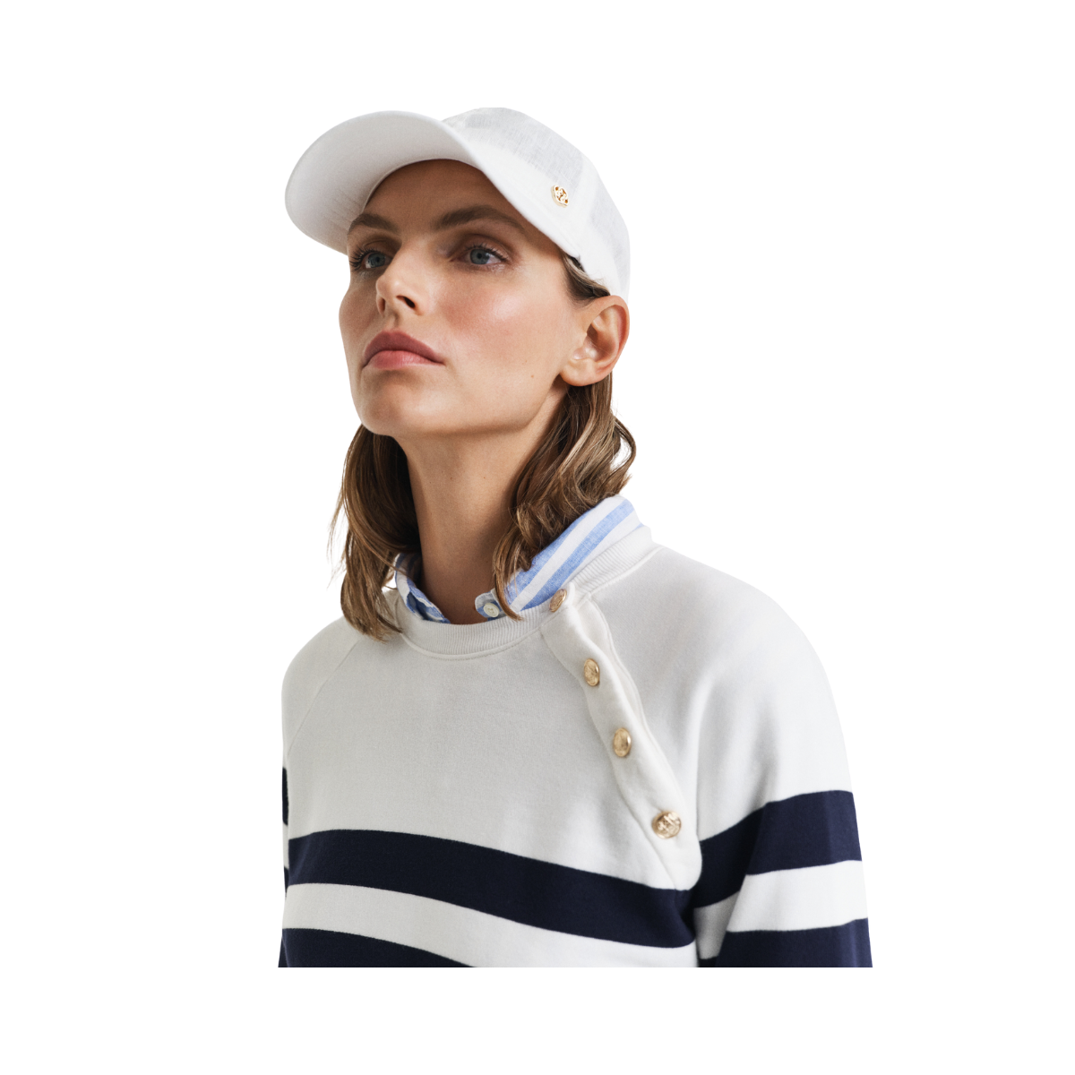 Striped Gold Button C-Neck Sweat - 113 Eggshell