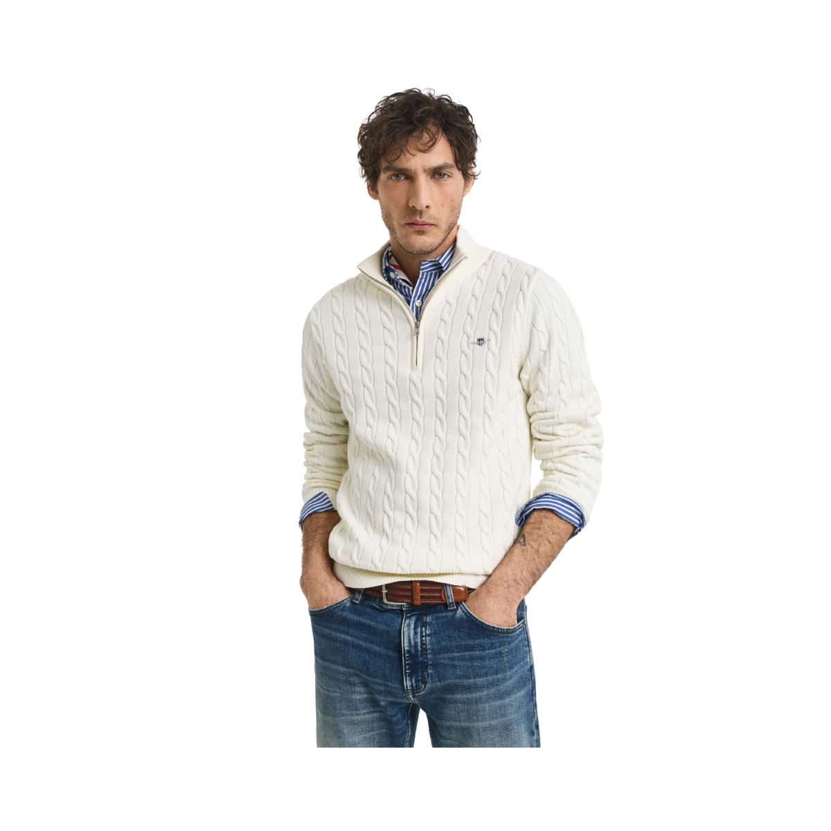 Cotton Cable Half Zip - Cream