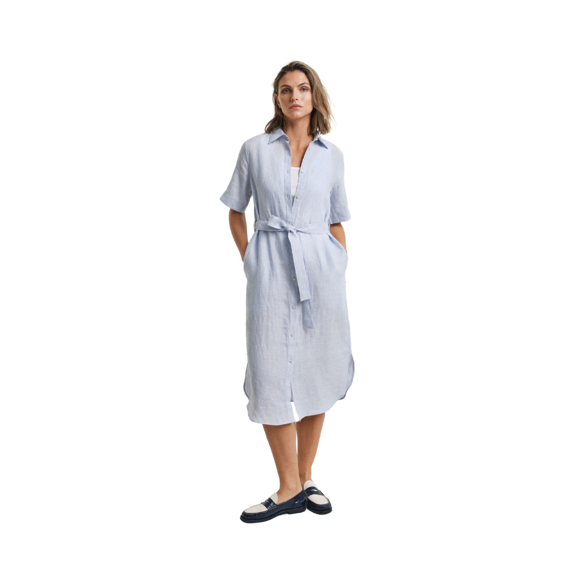 Reg Linen SS Shirt Dress - Light Blue