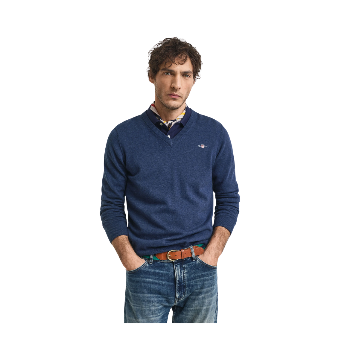 Classic Cotton V-Neck - Dark Jeansblue Melange