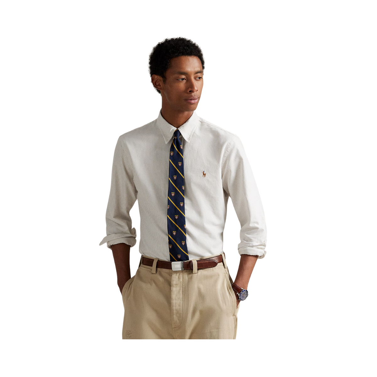 Custom Fit Striped Oxford Shirt - Coastal Beige/White