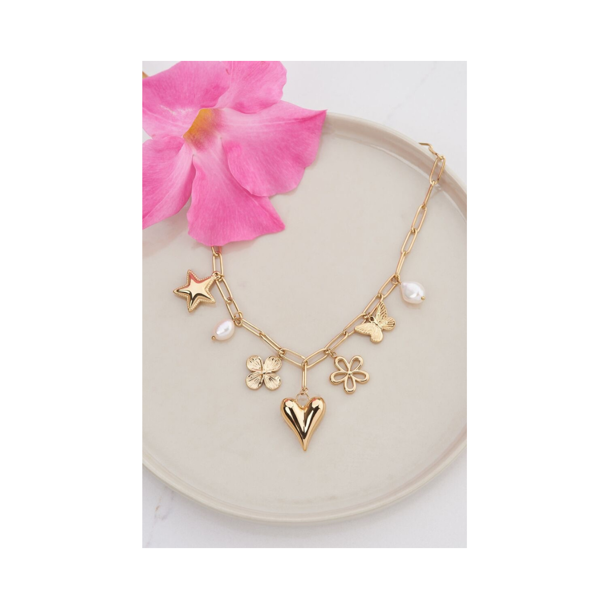 Necklace Pink Beads Multi Charms - 1200 Gold