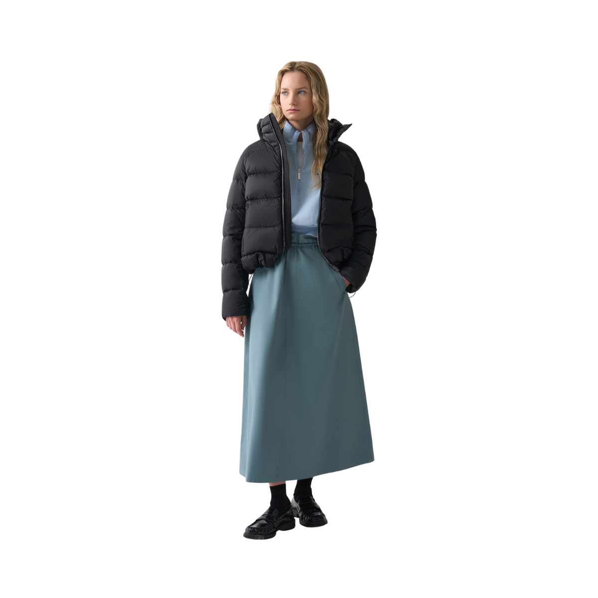 Ladies Down Jacket with Detachable Hood - Black