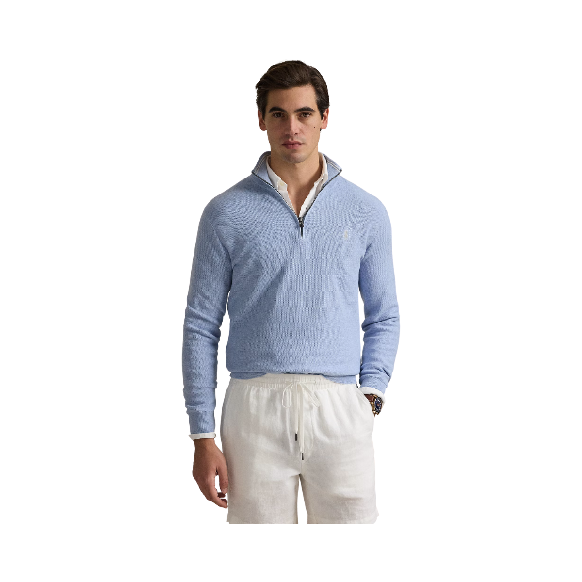 Knit Cotton Quarter-Zip Sweater - Blue Hyacinth Hthr