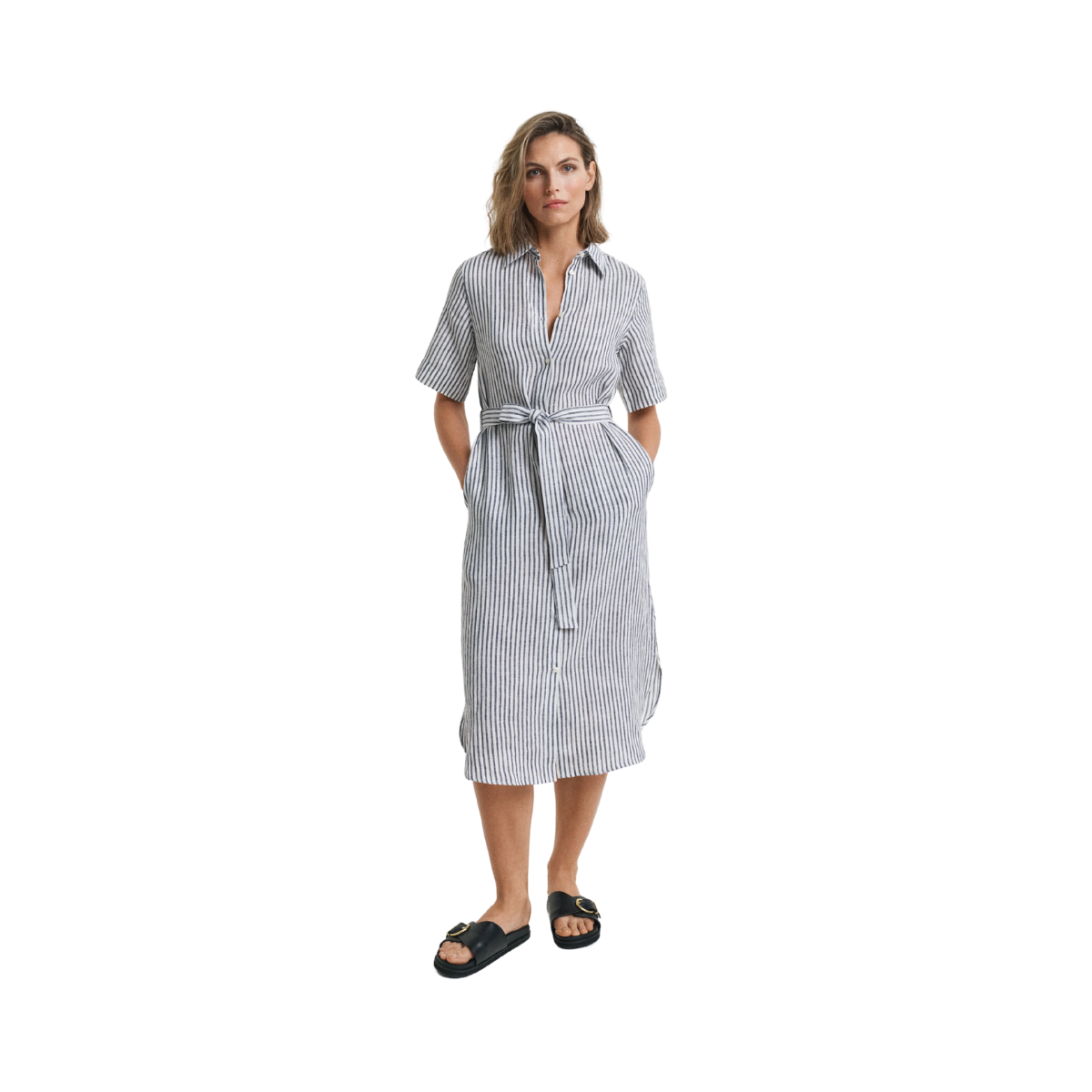 REG LINEN STRIPED SHIRT DRESS - Evening Blue