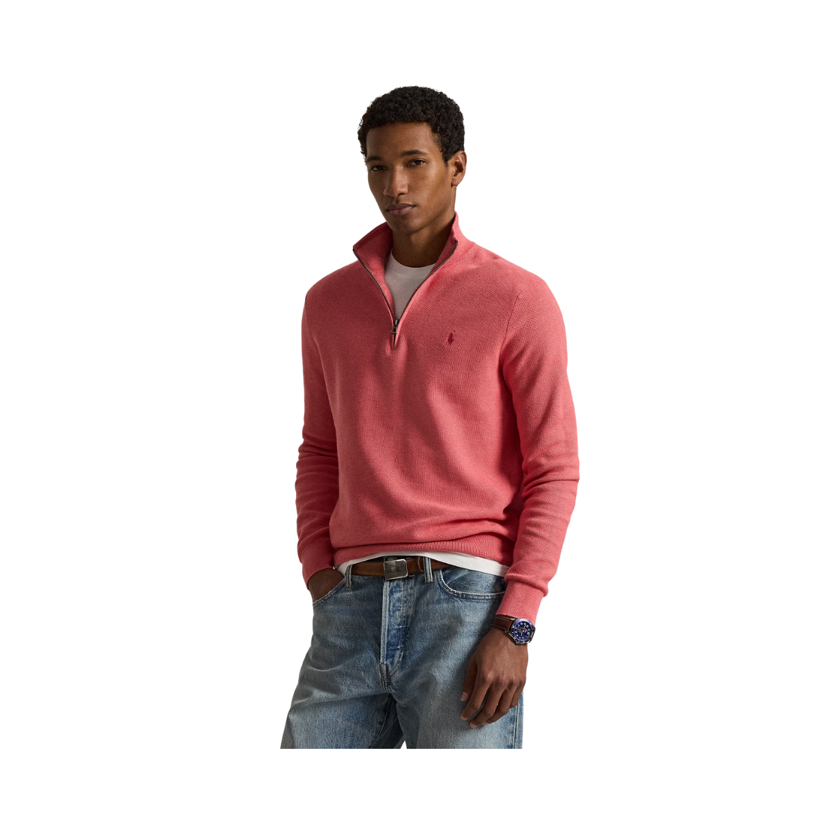 Knit Cotton Quarter-Zip Sweater - Cherry Pink