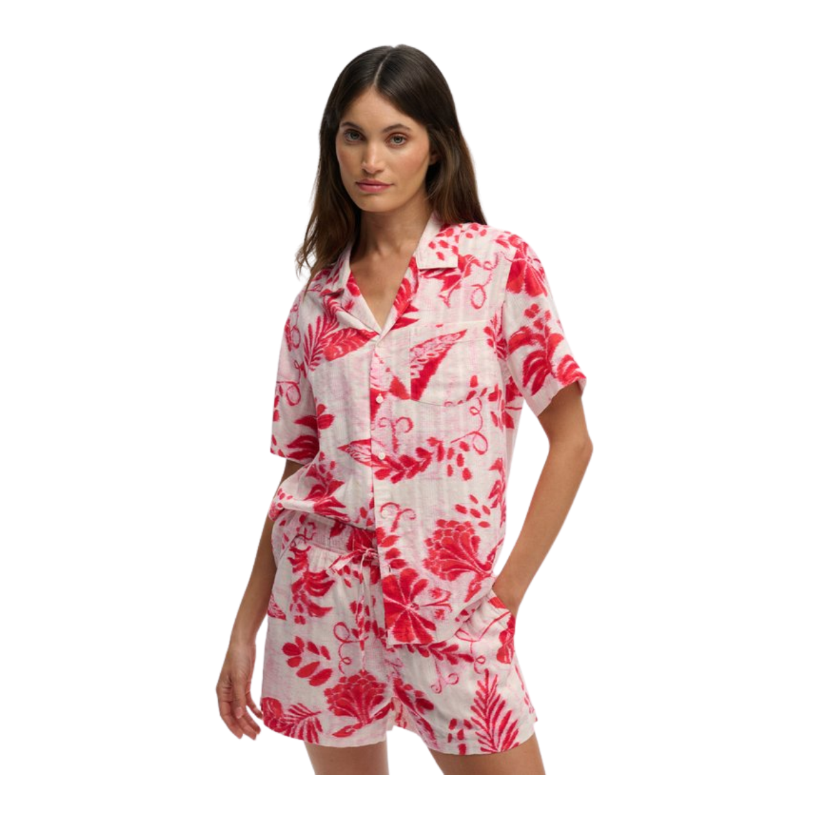 Beach Printed S/S Shirt - K1U Ikat Floral Red