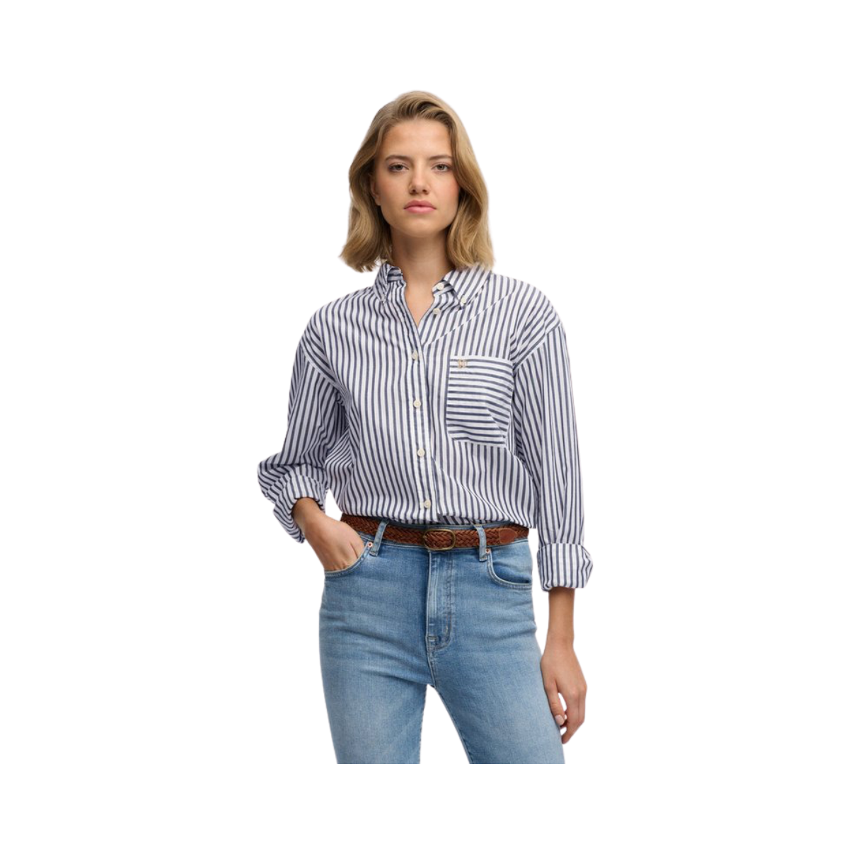 Poplin Relaxed L/S Shirt - Navy/White