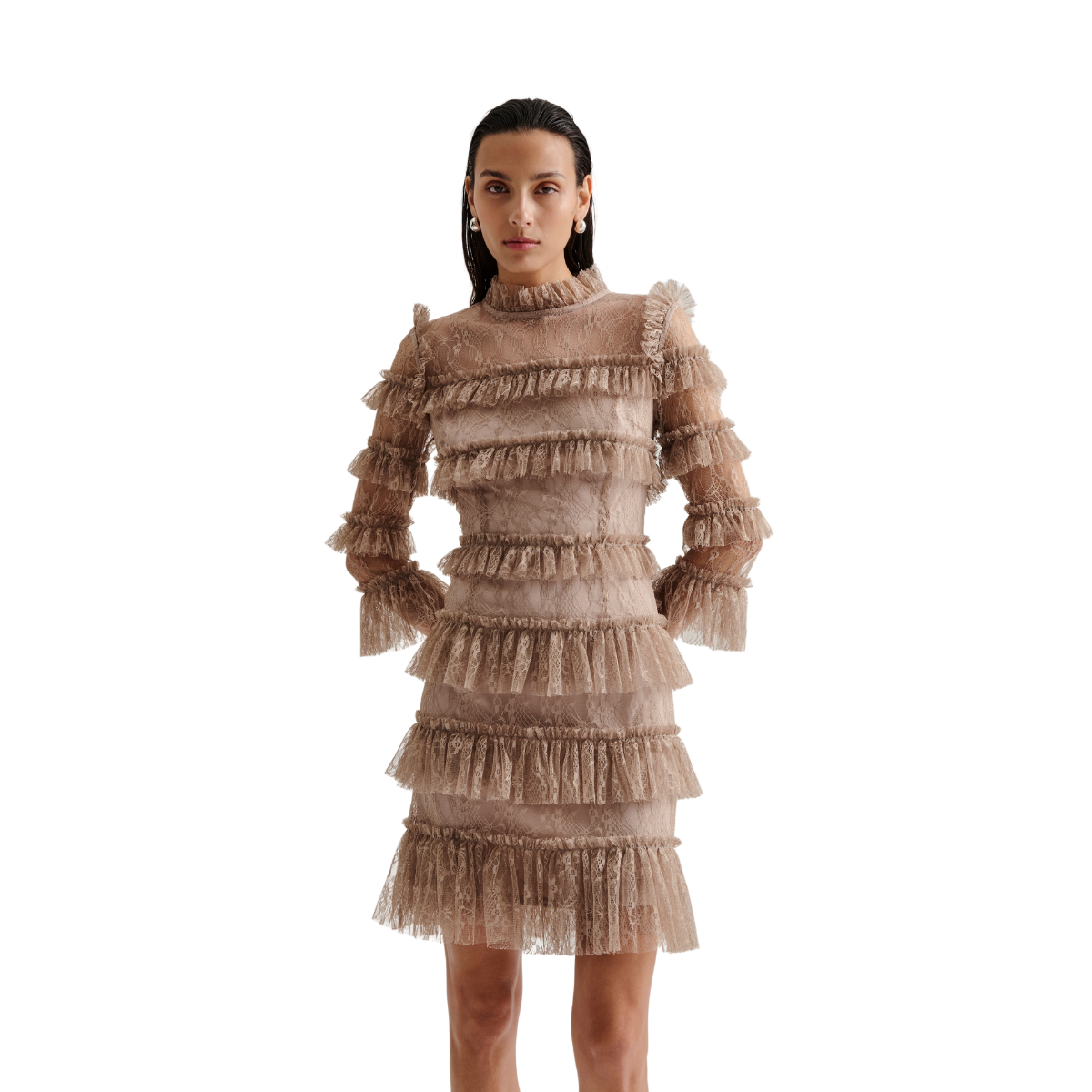 Carmine Frill Mini Lace Dress - Greige