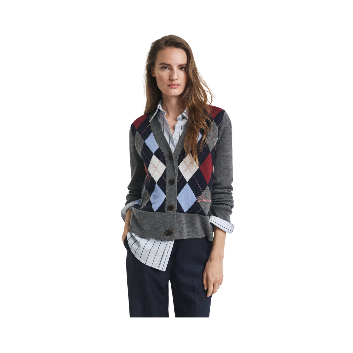 Argyle V-Neck Cardigan - Charcoal Melange