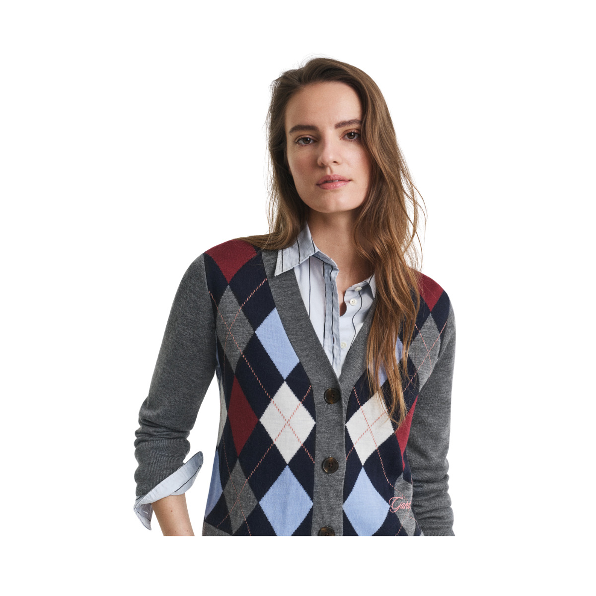 Argyle V-Neck Cardigan - Charcoal Melange