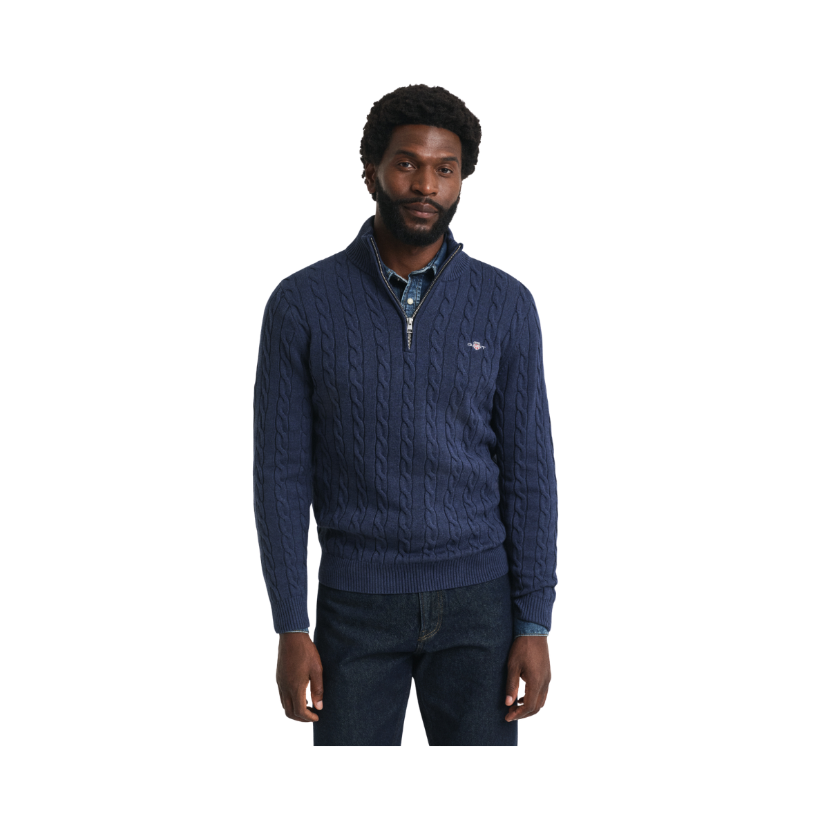 Cotton Cable Half Zip - 902 Dark Jeansblue Melange