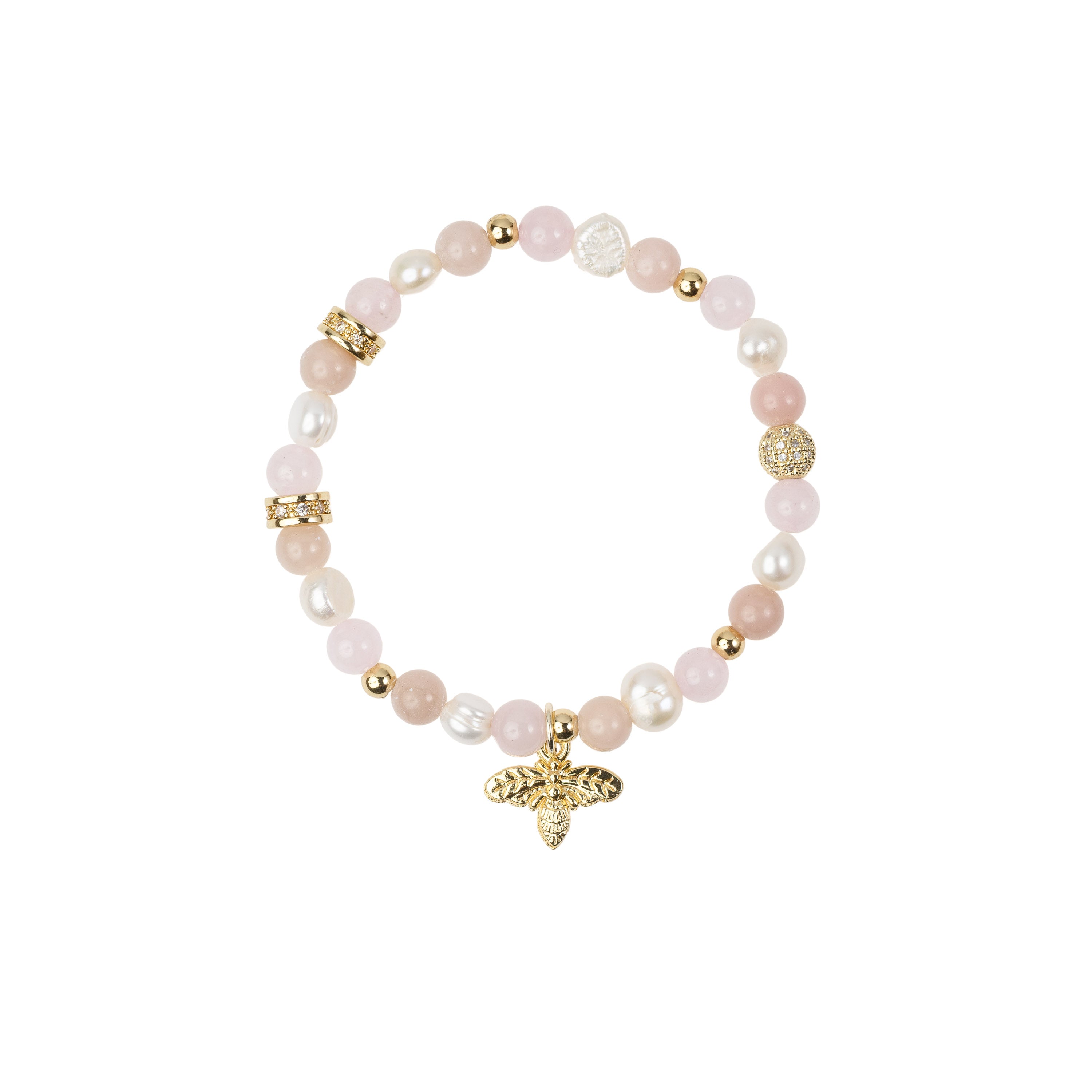 Stone & Pearl Bead Bracelet 6 mm W/Charm - Rose Mix