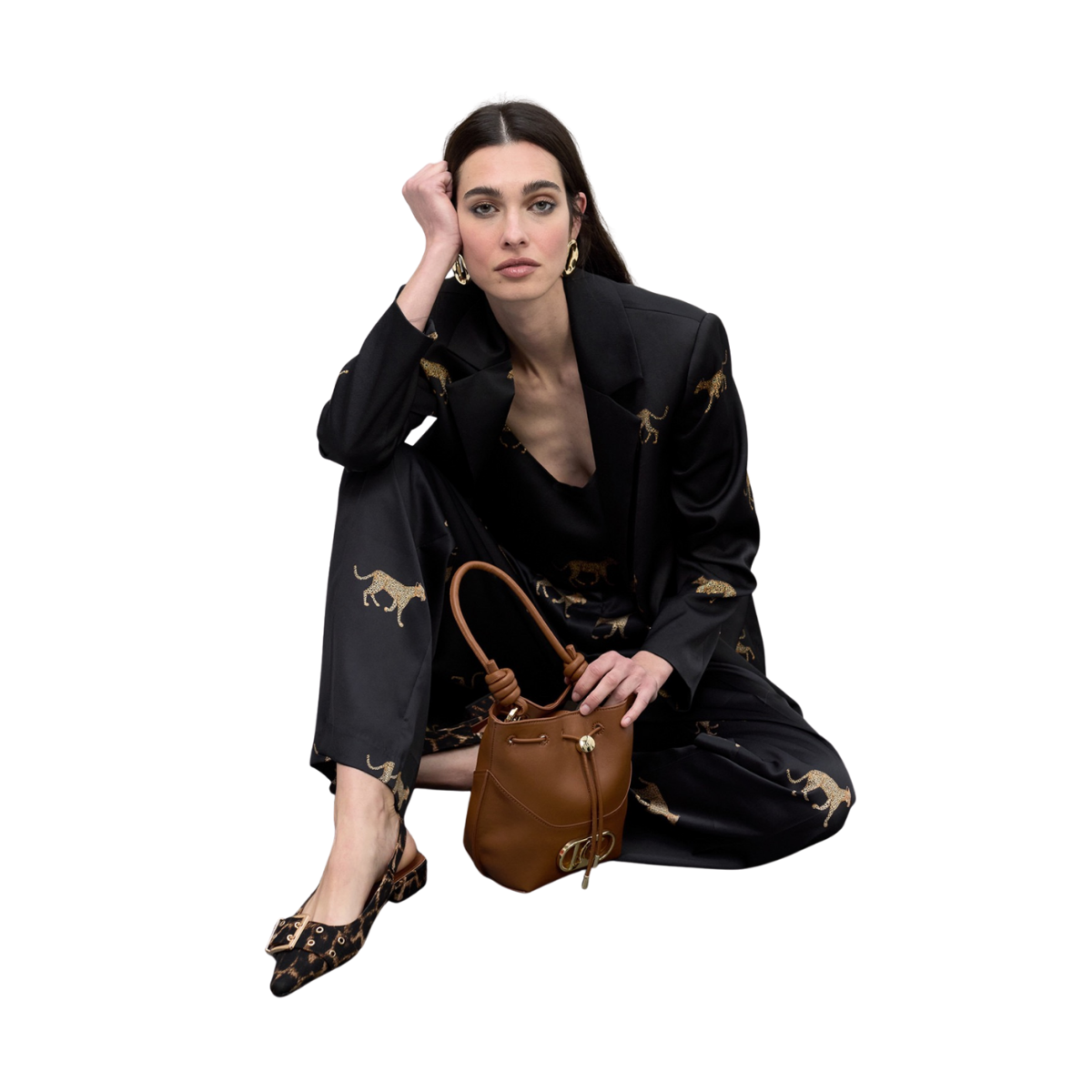 Straight Blazer with Leopard Print - Black-Brown