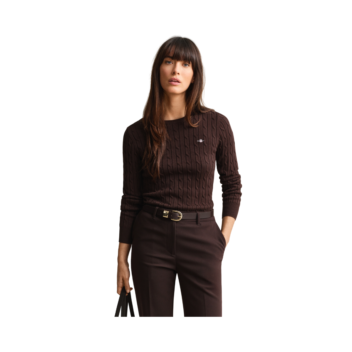 Stretch Cotton Cable C-Neck - Deep Brown