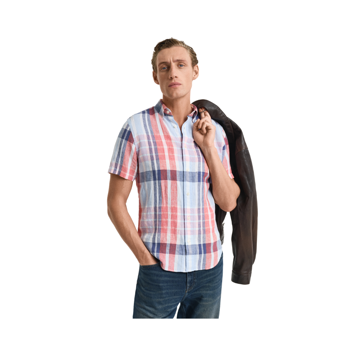 Reg Linen Madras Ss Shirt - Brick Red