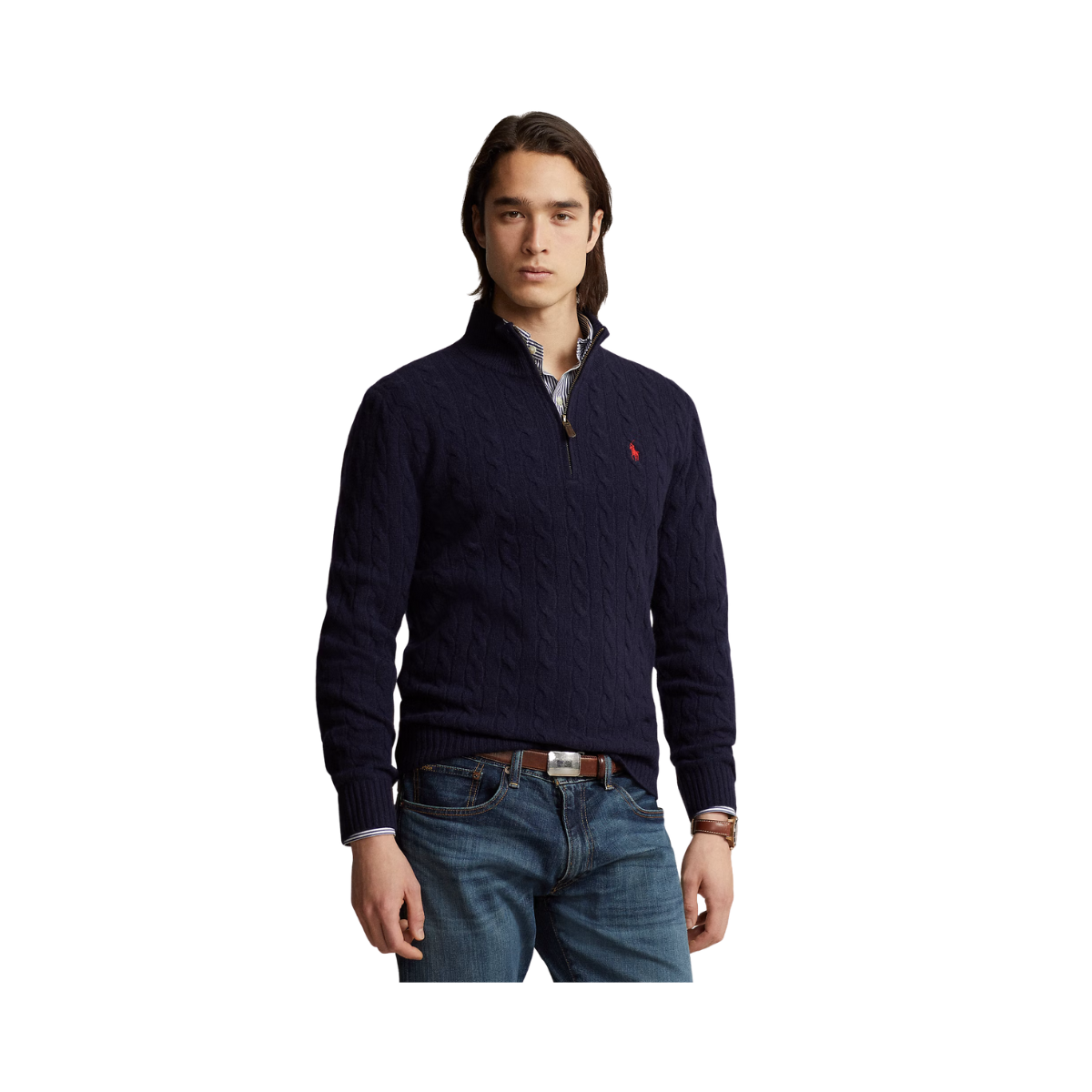 Cable-Knit Wool-Cashmere Zip Sweater - Rustic Navy