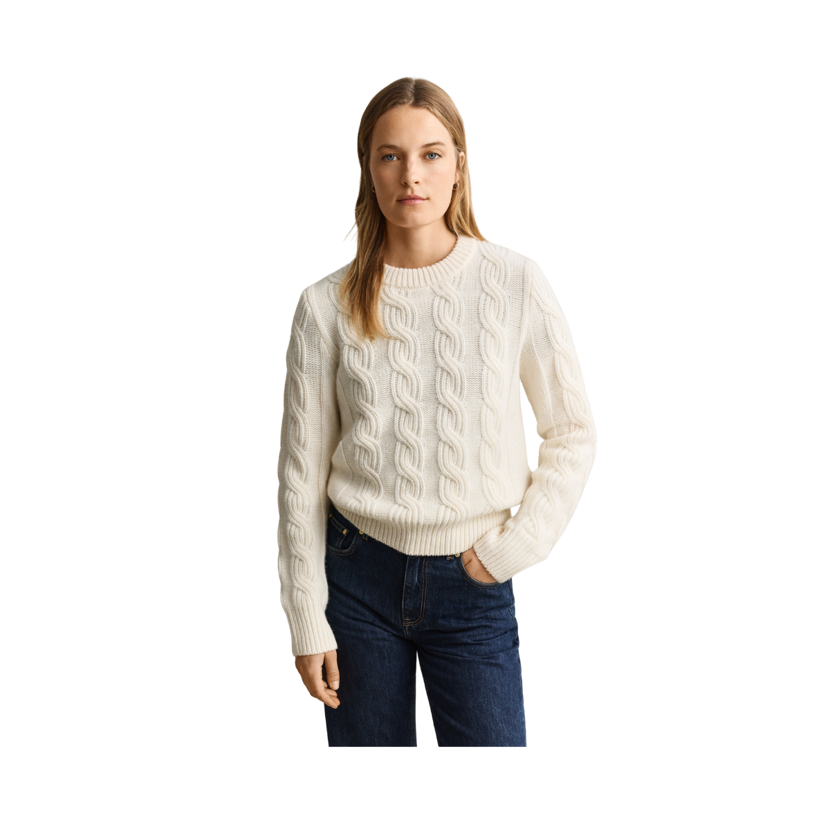 Wool Blend Cable Knit C-Neck - Cream
