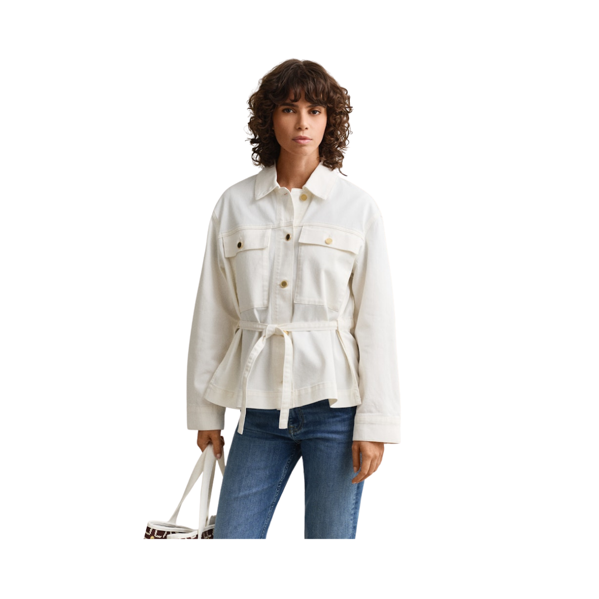 Denim Jacket With Tie Detail - Eggshell