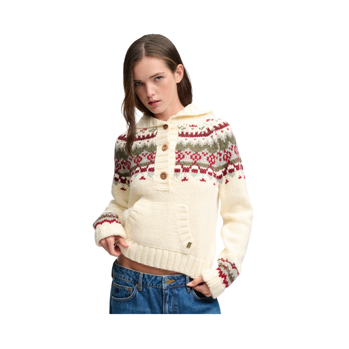 Fairisle 1/2 Button Hoodie - 1GP Ecru Multi