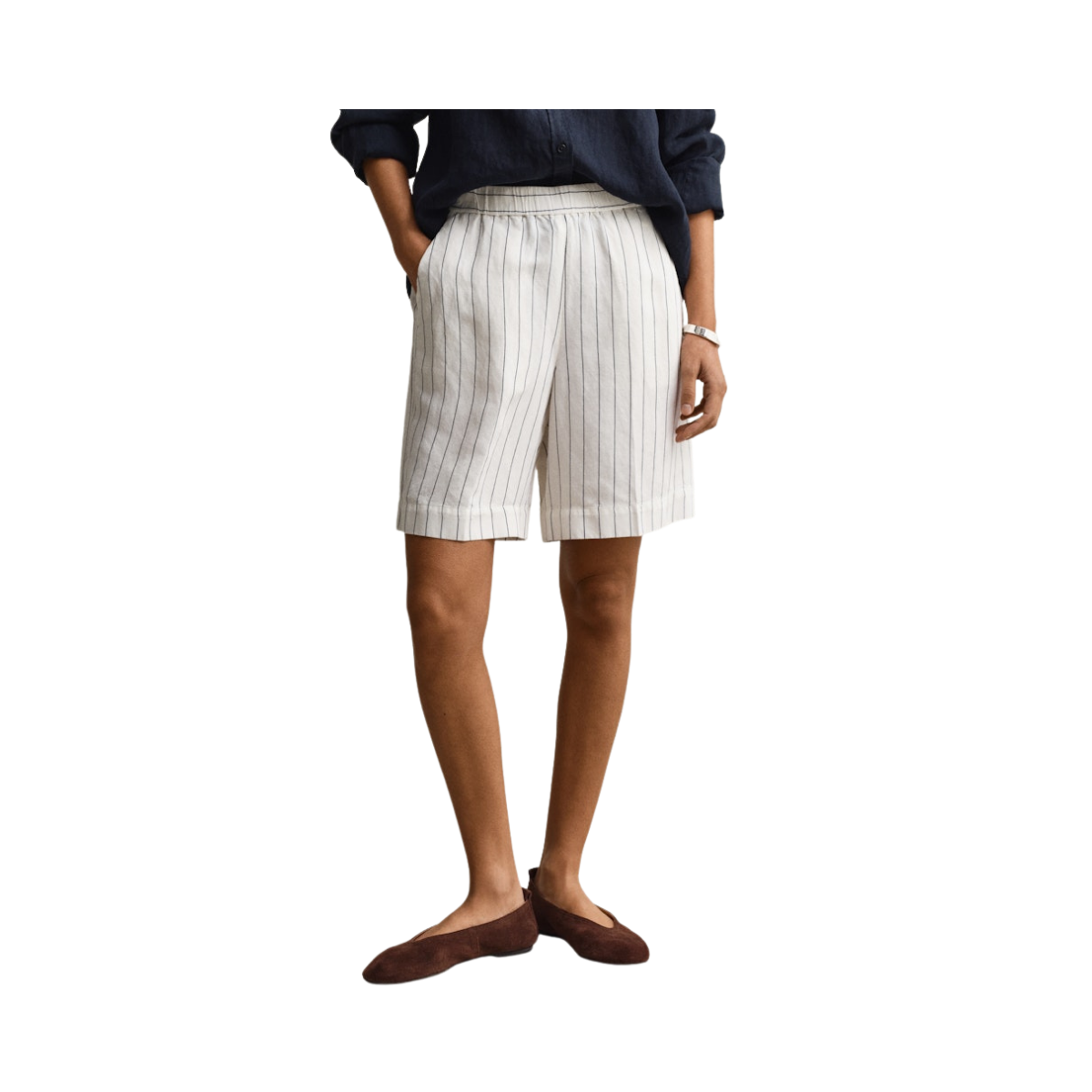 Striped Linen Blend Pull On Shorts - 113 Eggshell