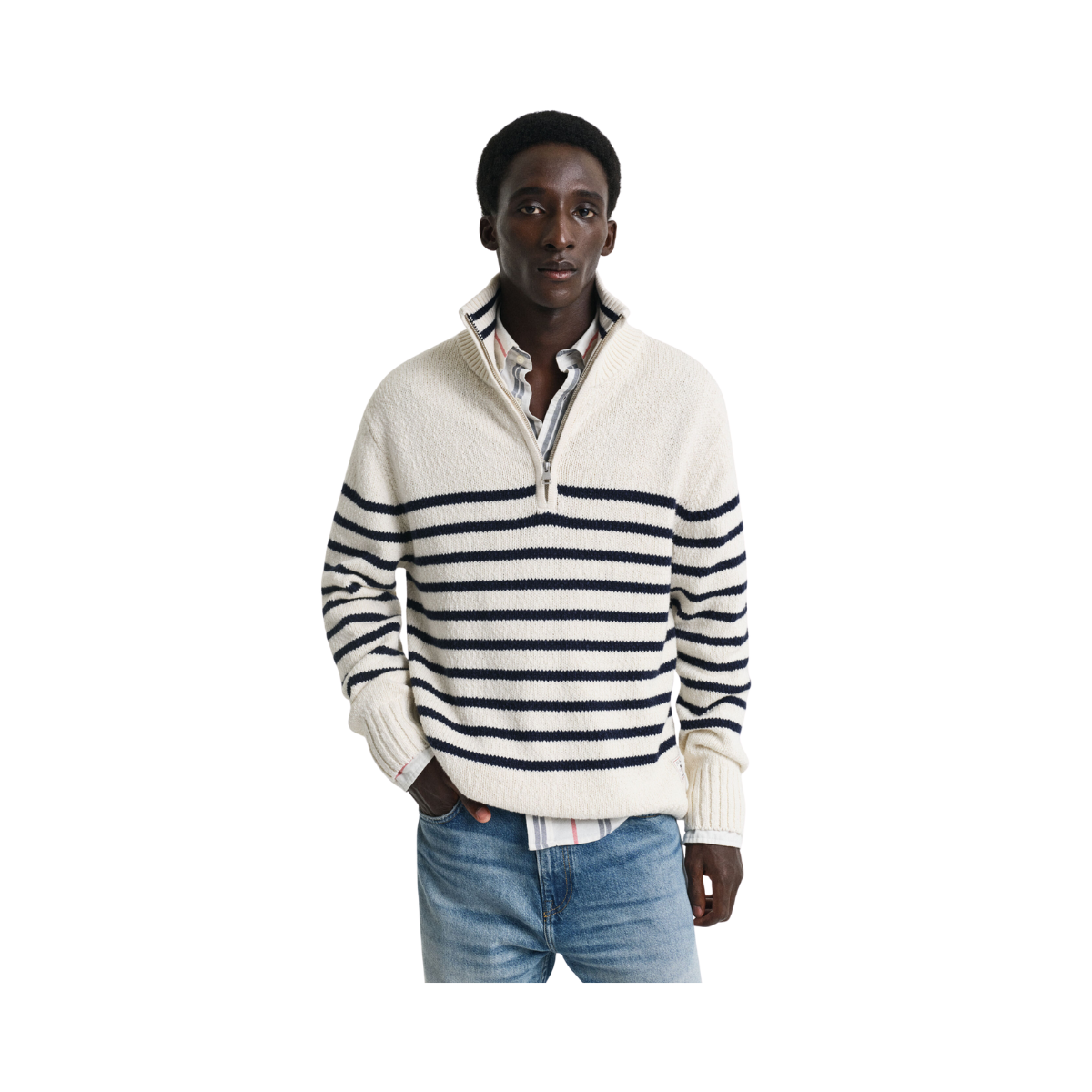Striped Cotton Slub Half Zip - Cream
