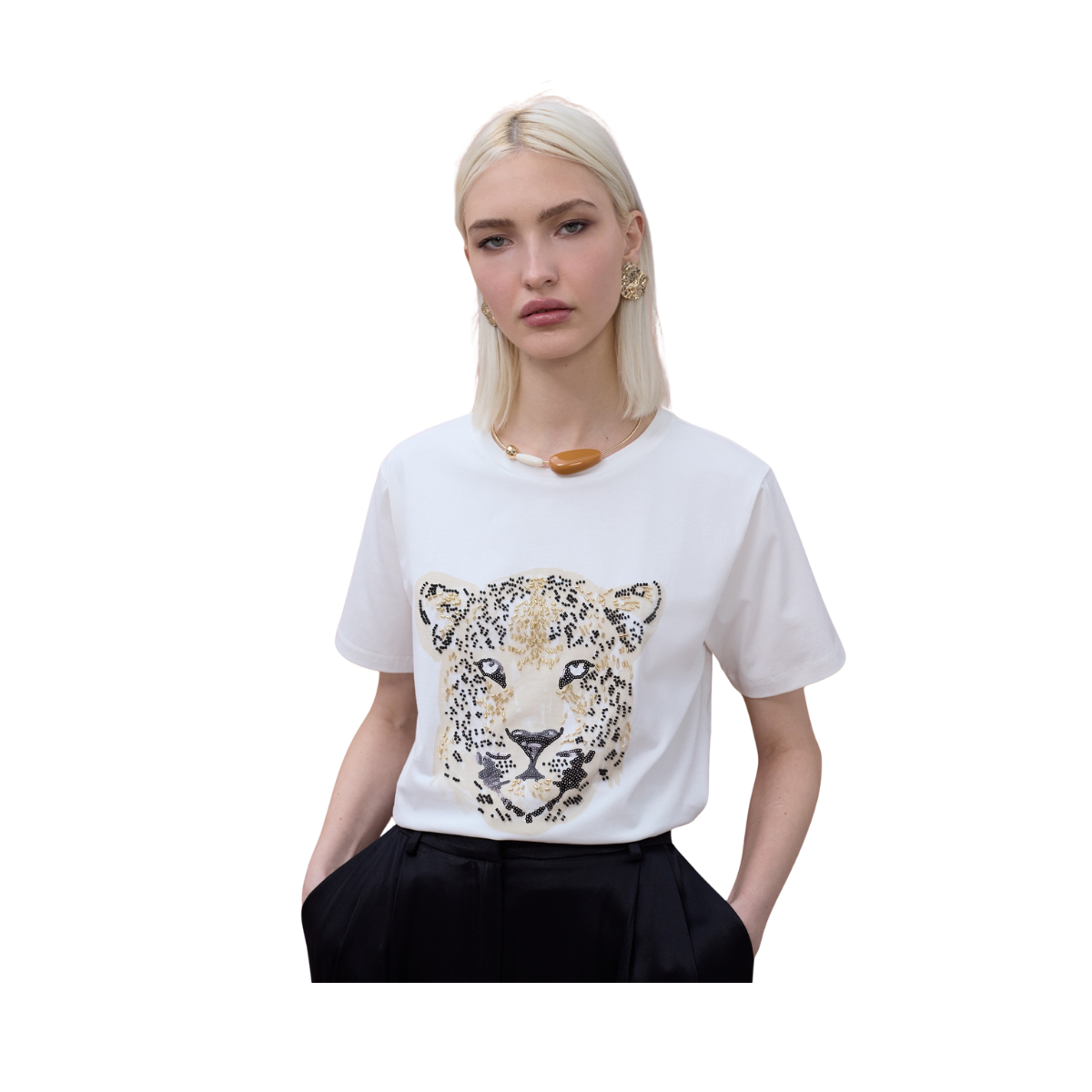Beaded Leopard Face T-Shirt - White