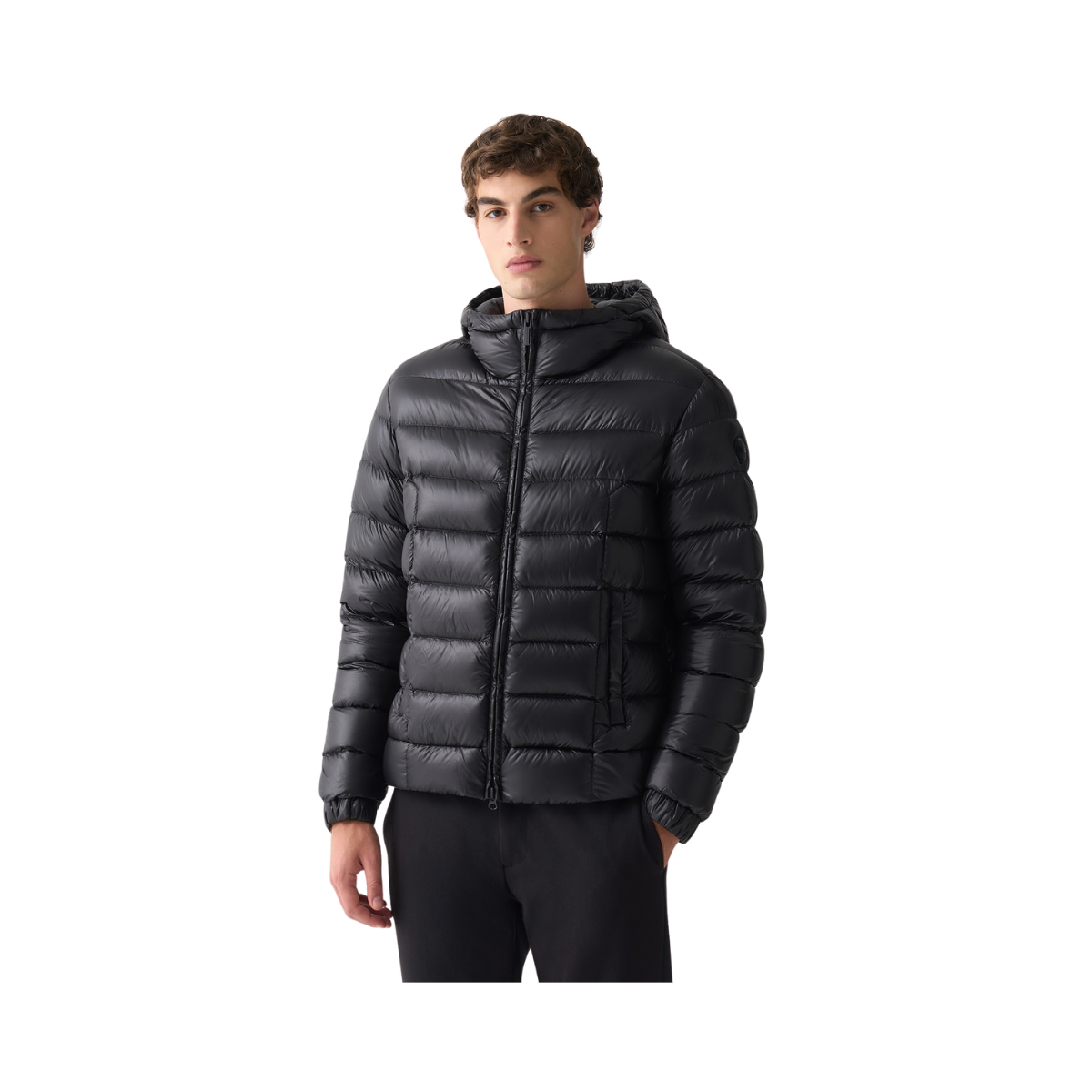 Mens Glossy Hooded Down Jacket - Black