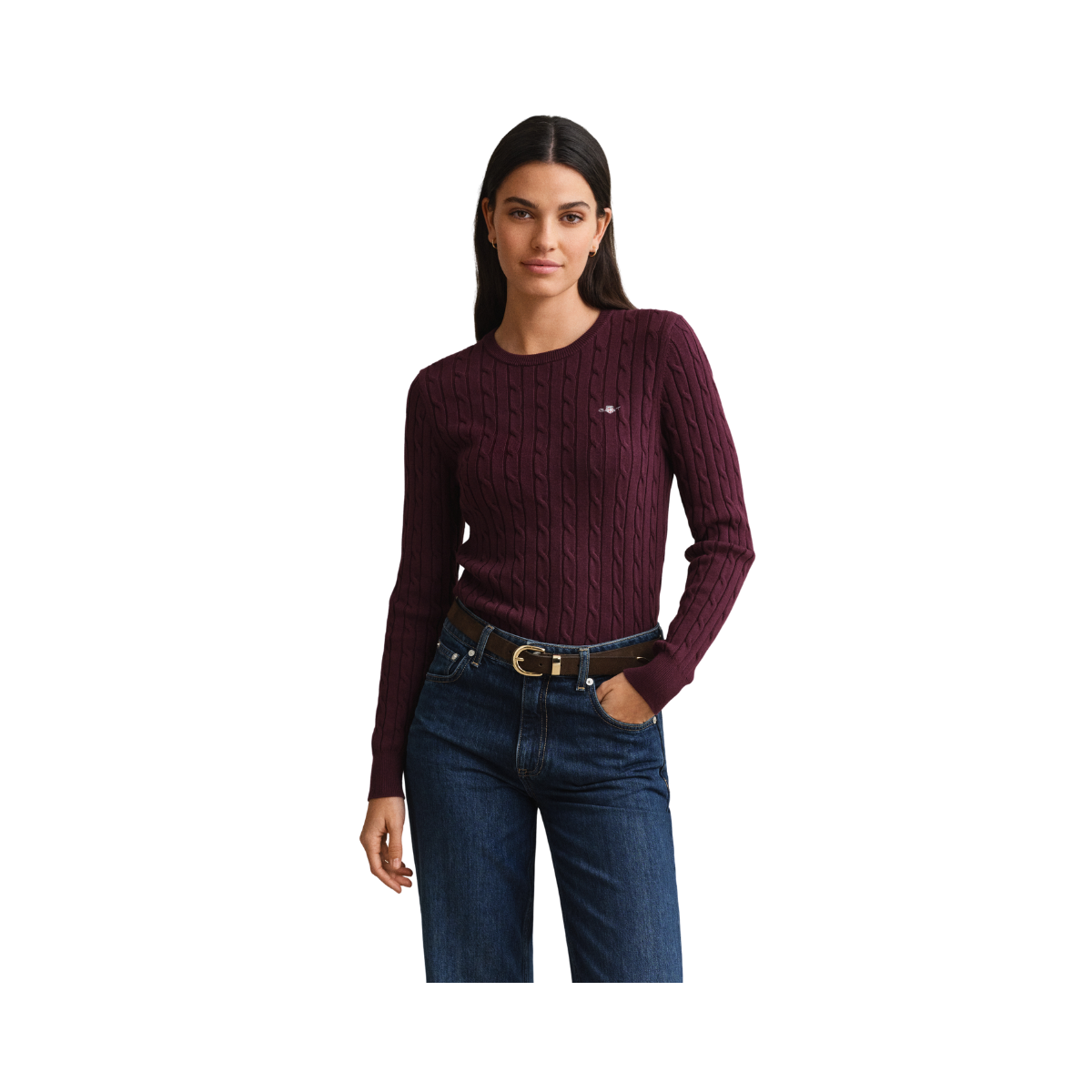 Stretch Cotton Cable C-Neck - Darkened Wine