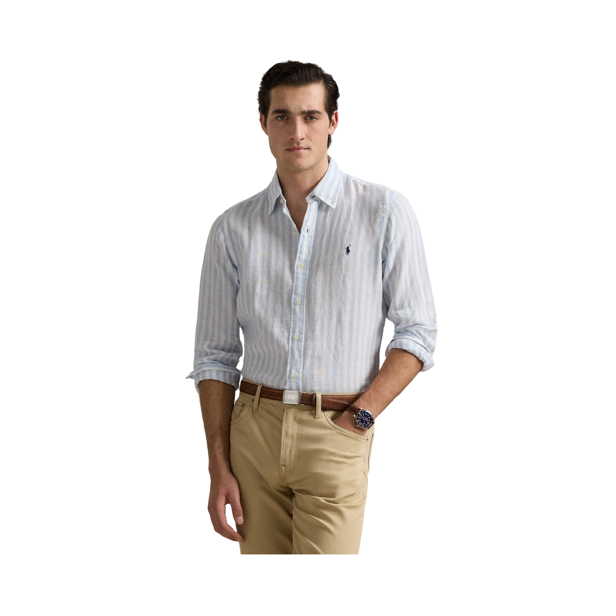 Custom Fit Striped Linen Shirt - Office Blue/White
