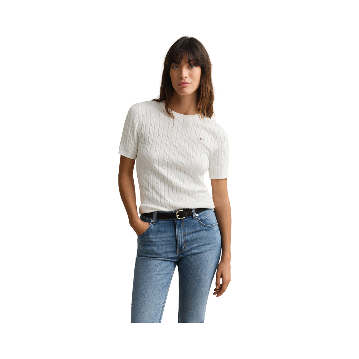 STRETCH COTTON CABLE SS C-NECK - Eggshell