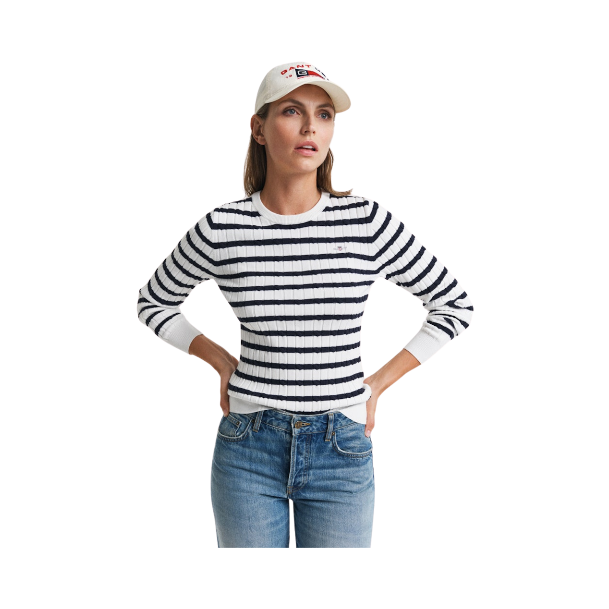 STRETCH COTTON CABLE STRIPE C-NECK - Eggshell