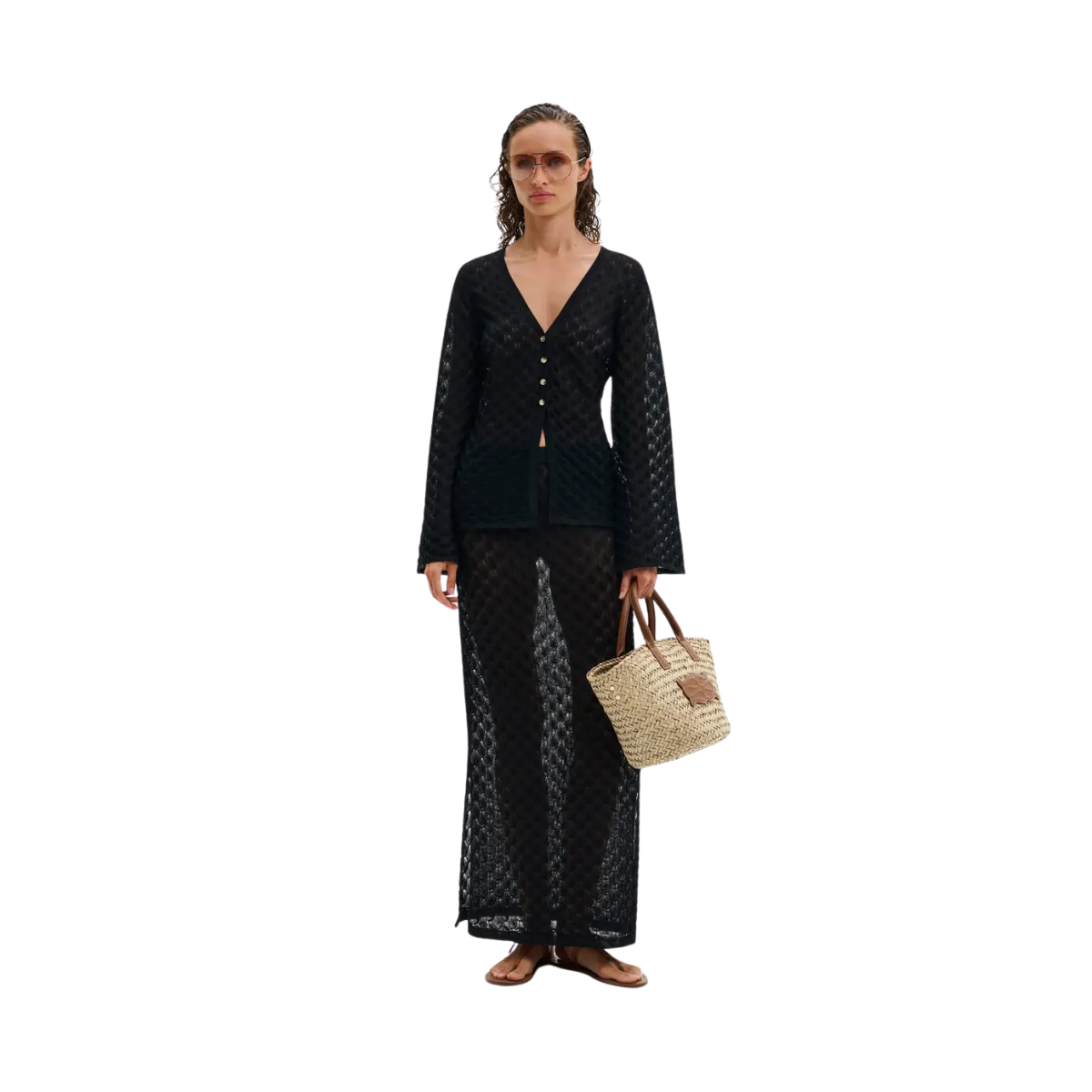 Ayla Pointelle Knitted Cardigan - Black