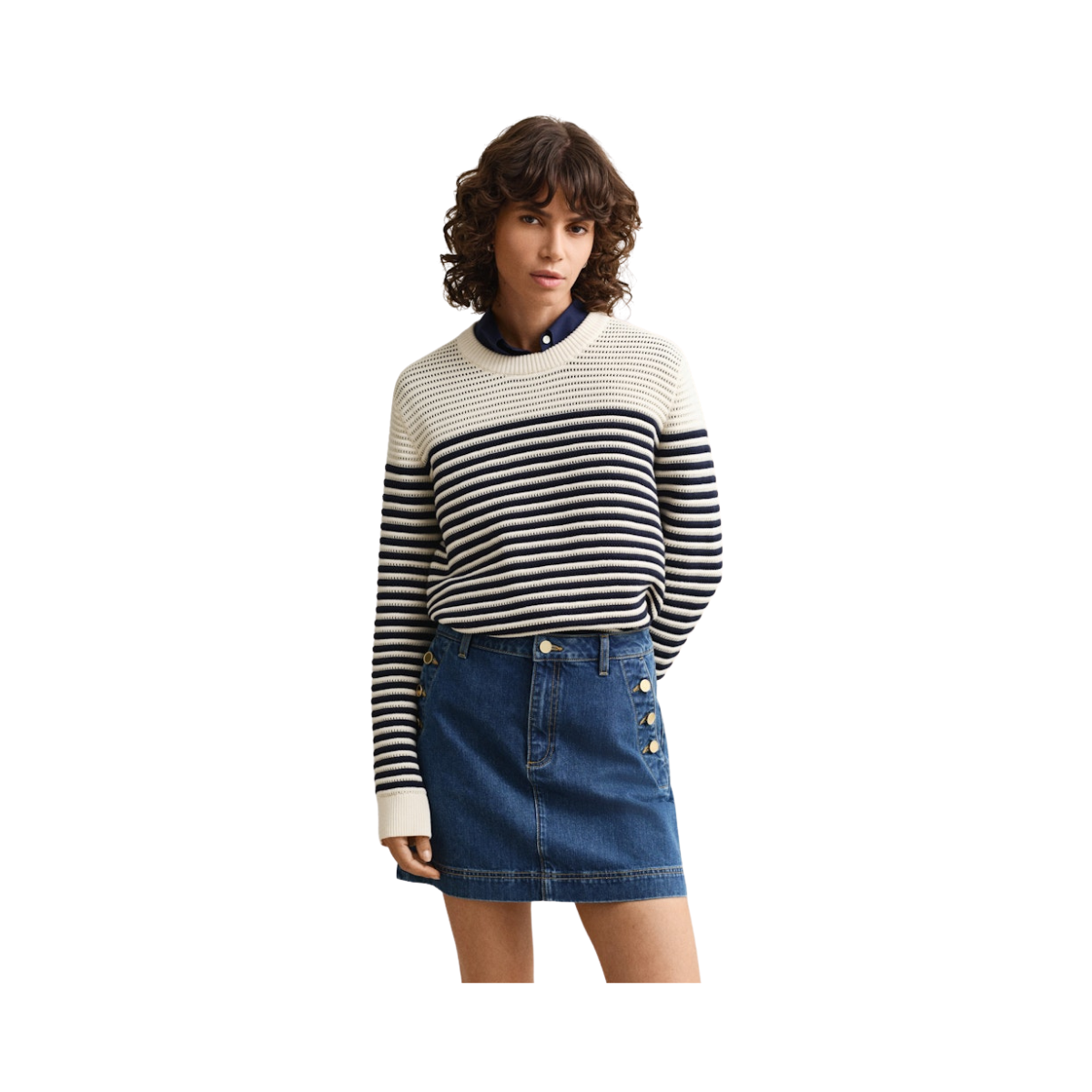 Textured Striped C-Neck - Cream