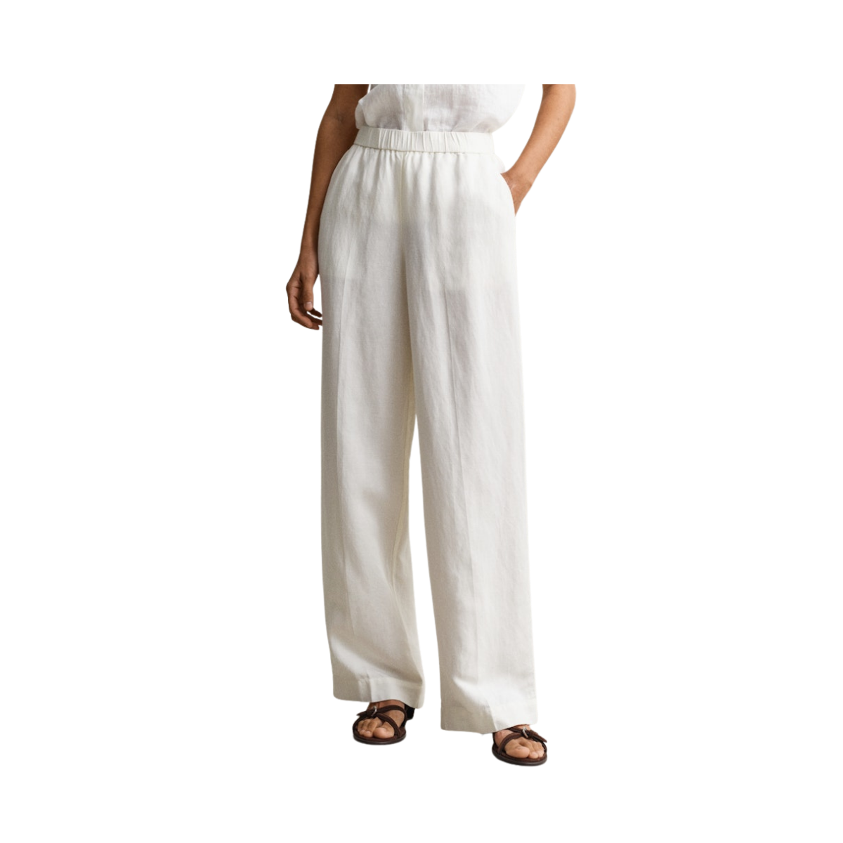 Linen Blend Pull On Pants - Eggshell
