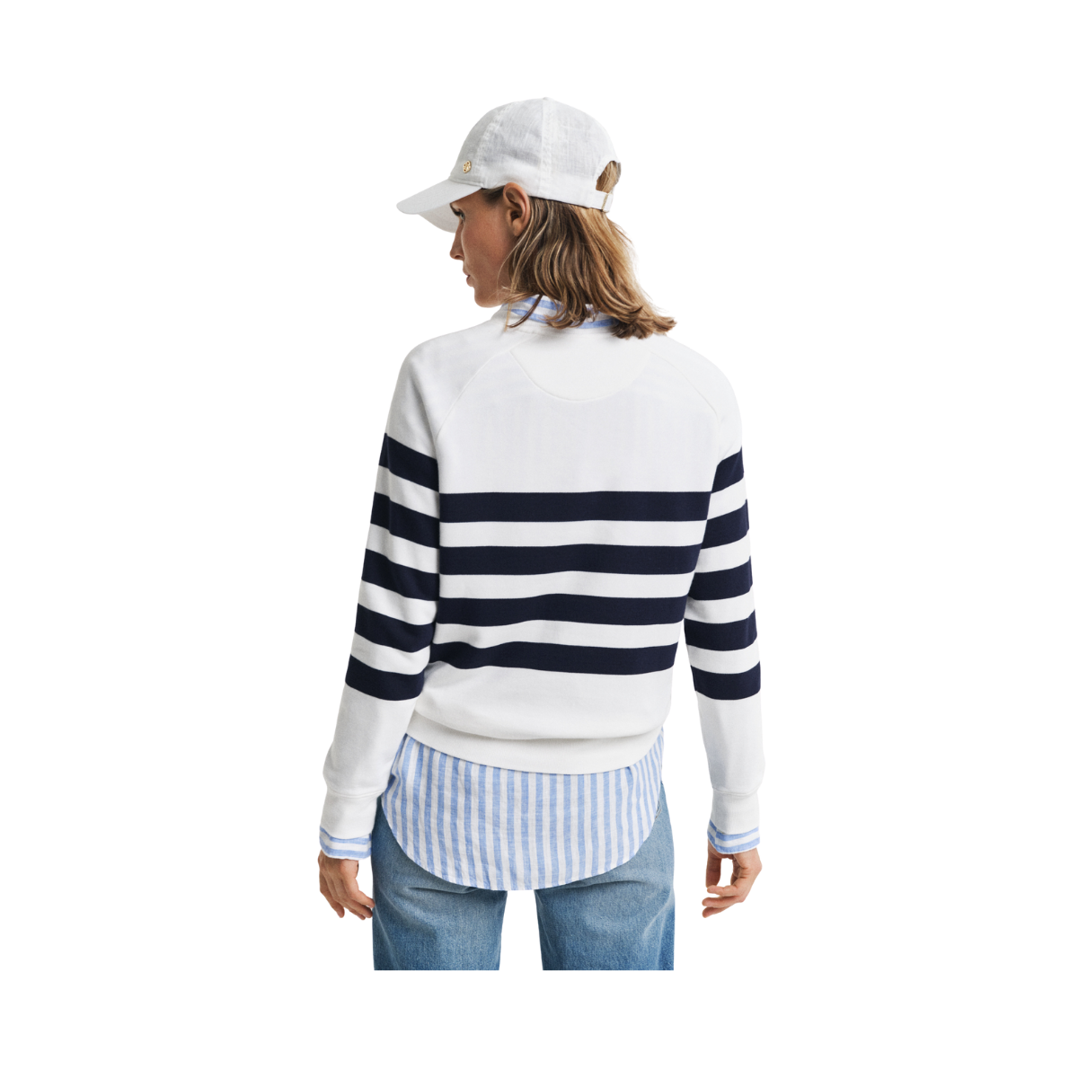 Striped Gold Button C-Neck Sweat - 113 Eggshell