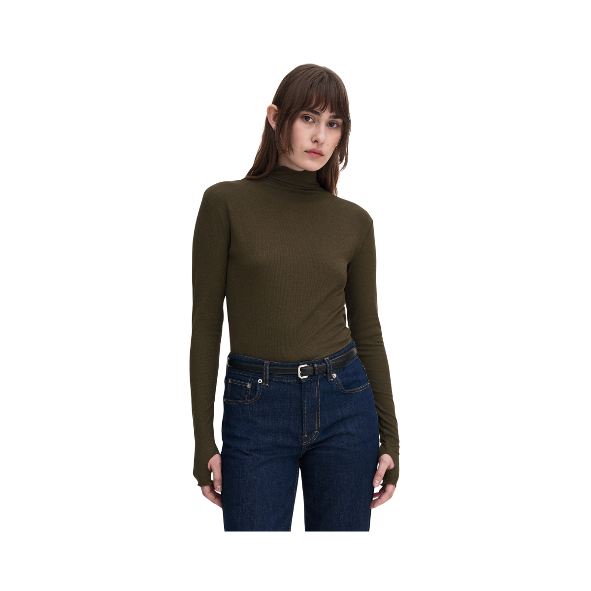 Rib Mock Neck Top - Dark Khaki Green