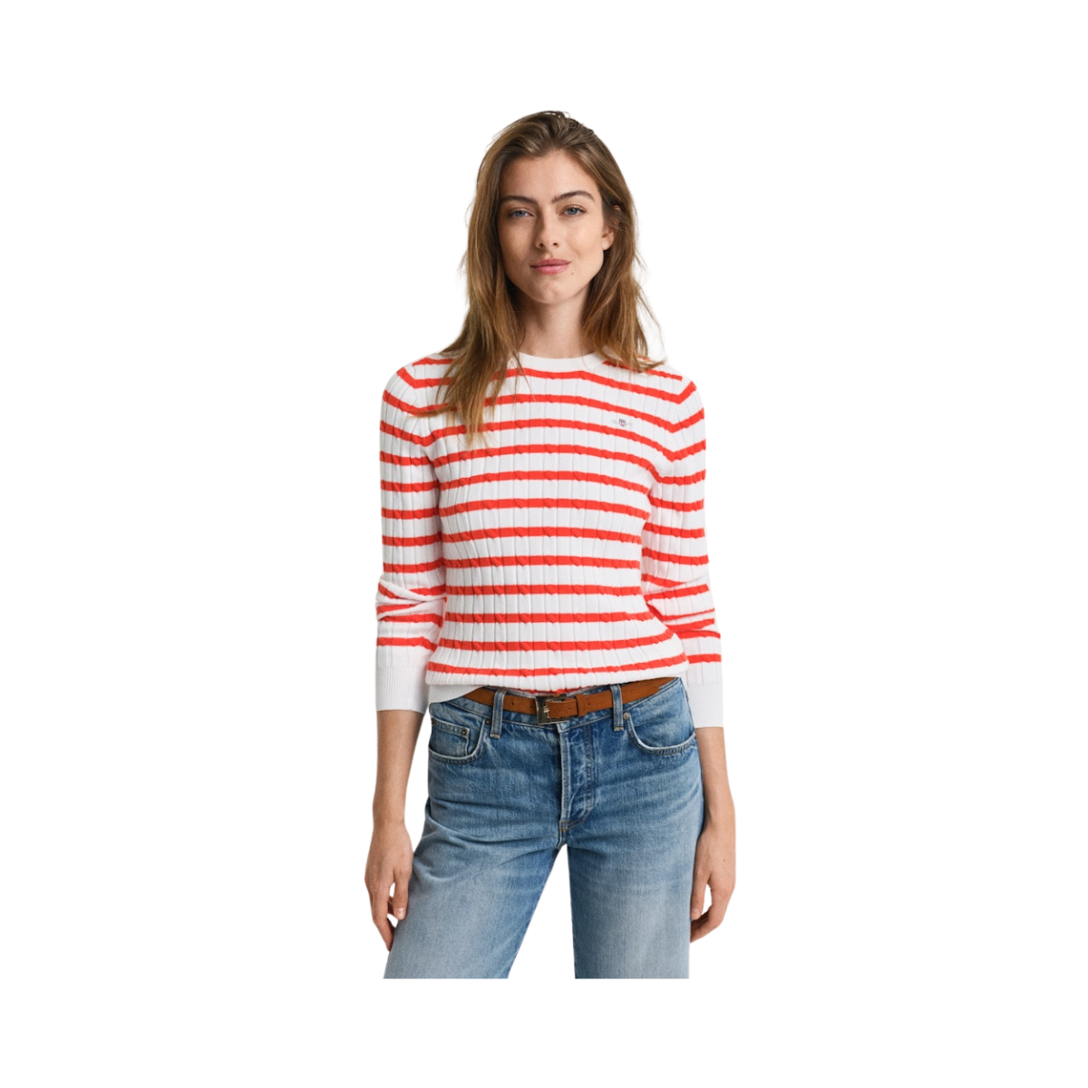 STRETCH COTTON CABLE STRIPE C-NECK - 651 ORANGE RED