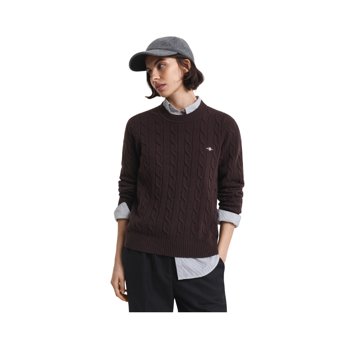 Lambswool Cable C-Neck - Deep Brown