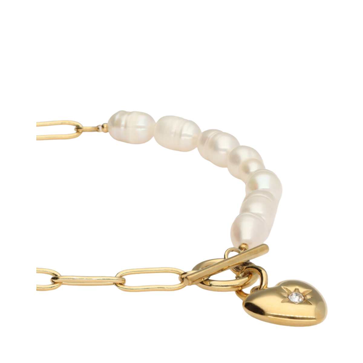 Bracelet Chain Pearls Heart Charm - Gold