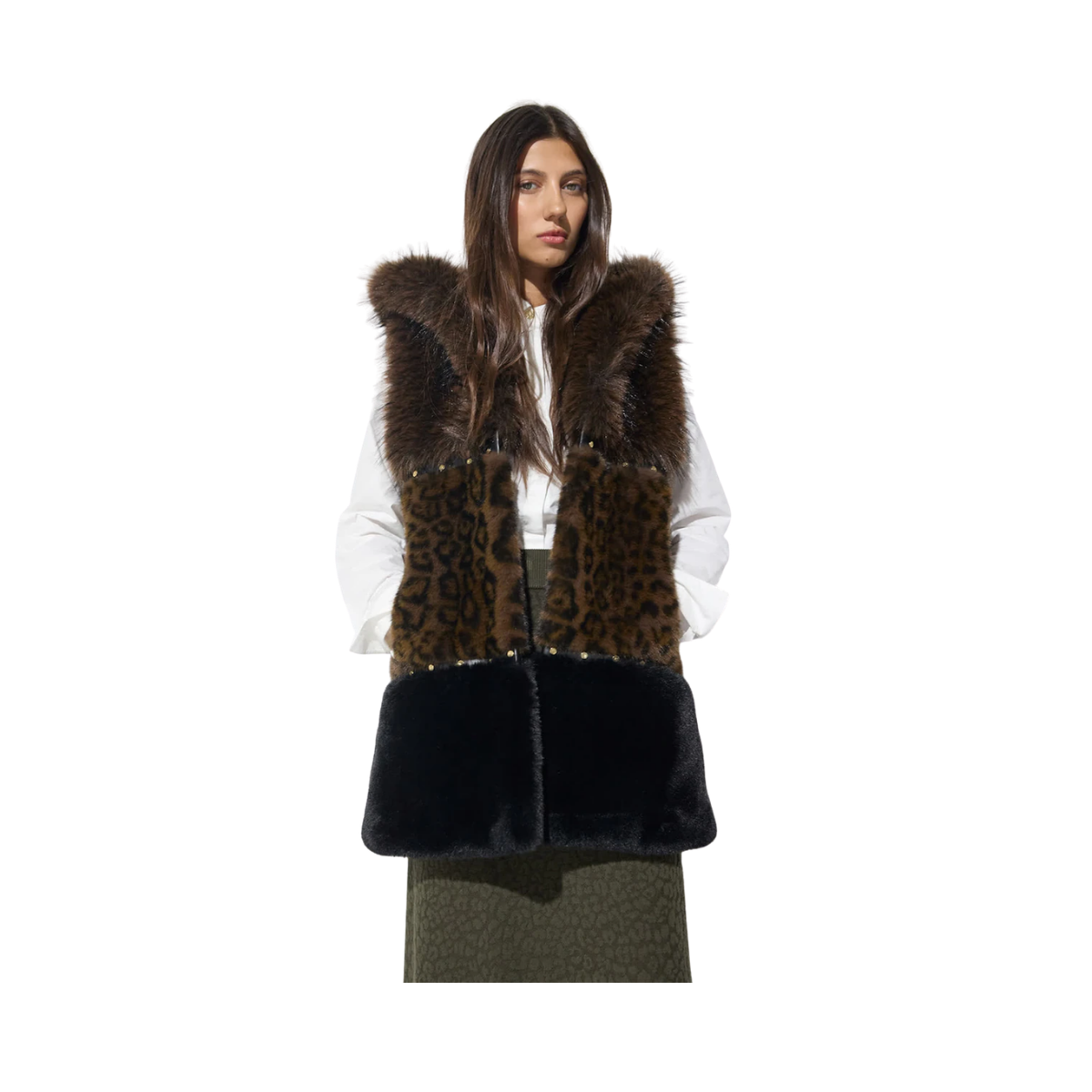Tricolor Animal Fur Midi Vest - Brown-Multicolor