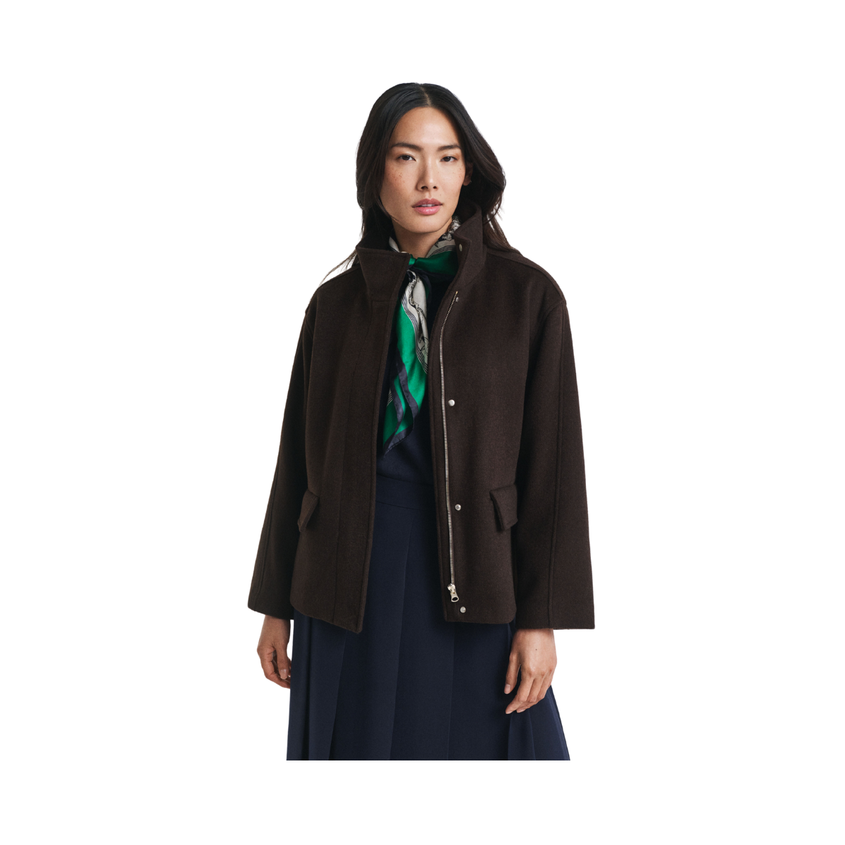 Short Wool Jacket With Zip - Deep Brown