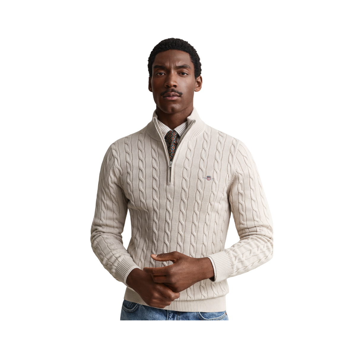 Cable Knit Half-Zip Sweater - Clay Beige