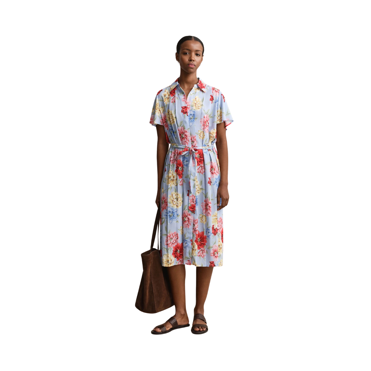 Floral Print Pleated Shirt Dress - Light Blue