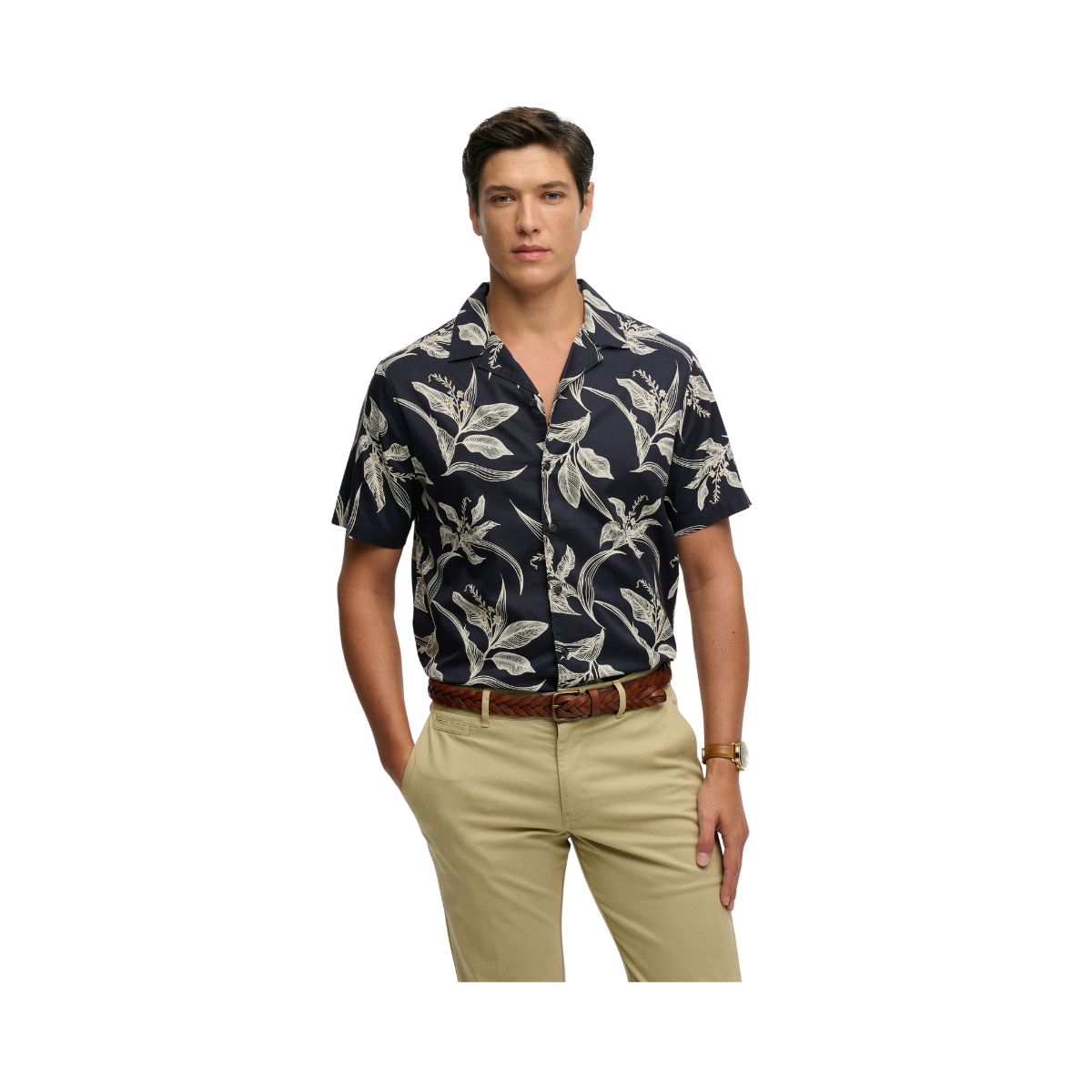 Hawaiian Print S/S Shirt - Canna Leaves Navy